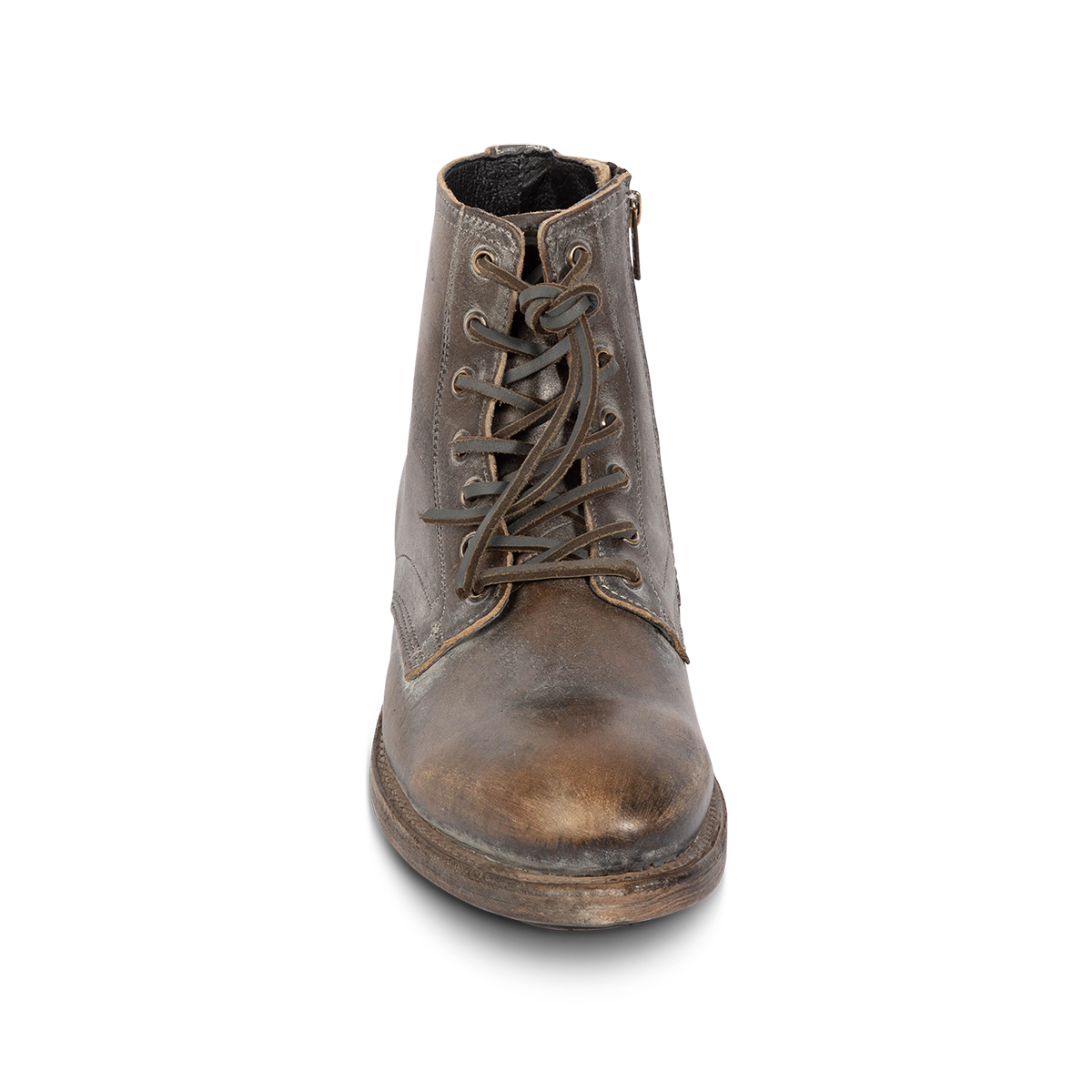 Front view showing FREEBIRD men's Pendleton ice leather almond toe ankle boot with front leather lacing