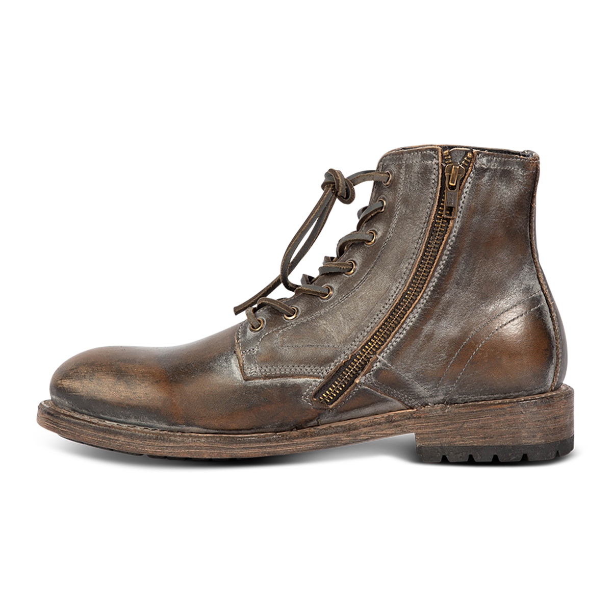 Inside view showing FREEBIRD men's Pendleton ice leather inside zip low heel ankle boot with almond toe