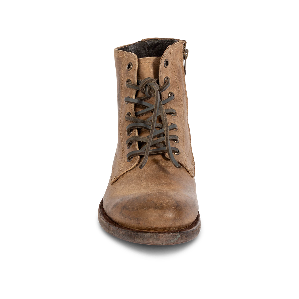 Front view showing FREEBIRD men's Pendleton tan leather almond toe ankle boot with front leather lacing