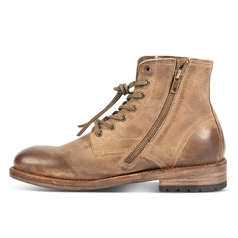 Inside view showing FREEBIRD men's Pendleton tan leather inside zip low heel ankle boot with almond toe