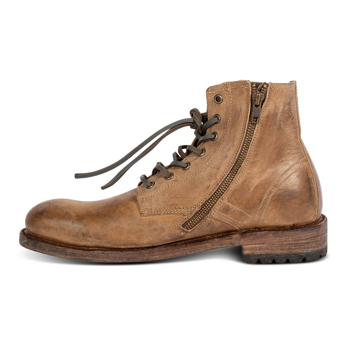 Inside view showing FREEBIRD men's Pendleton tan leather inside zip low heel ankle boot with almond toe