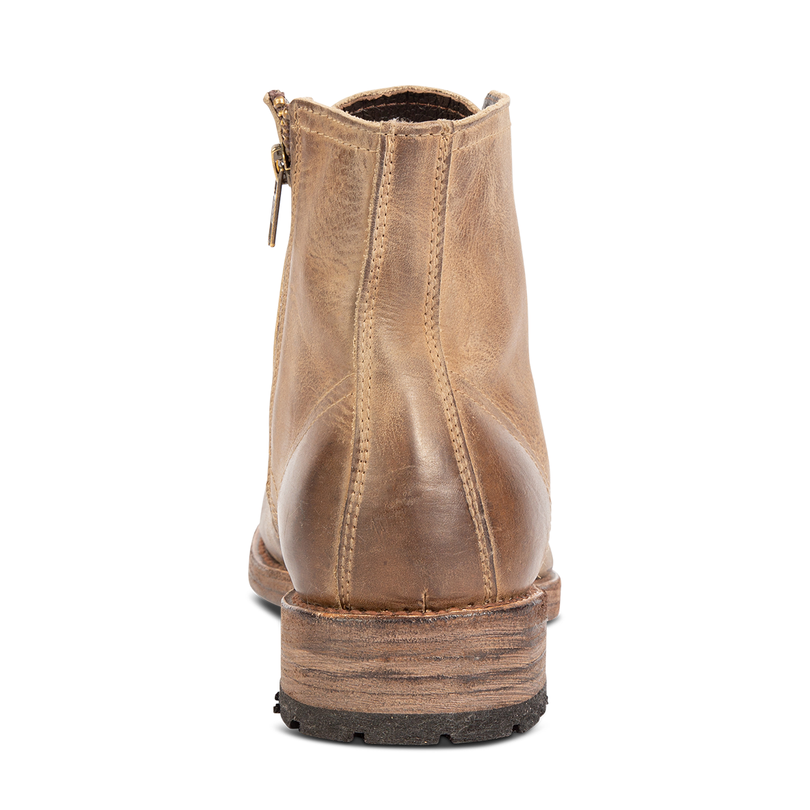 Back view showing low, lifted heel on FREEBIRD men's Pendleton tan leather ankle boot