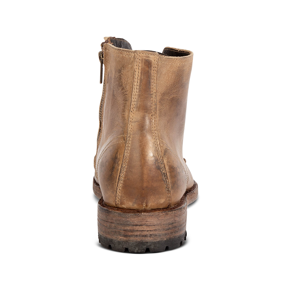 Back view showing low, lifted heel on FREEBIRD men's Pendleton tan leather ankle boot