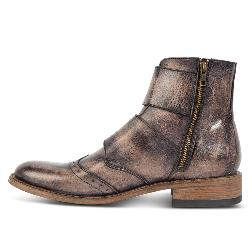 Side view showing working brass zip closure and leather wrapped heel on FREEBIRD men's Penn black dress boot
