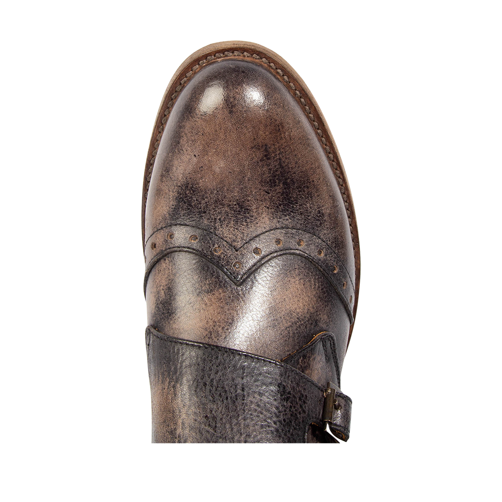 Top view showing round toe and brogue detailing on FREEBIRD men's Penn black dress boot 
