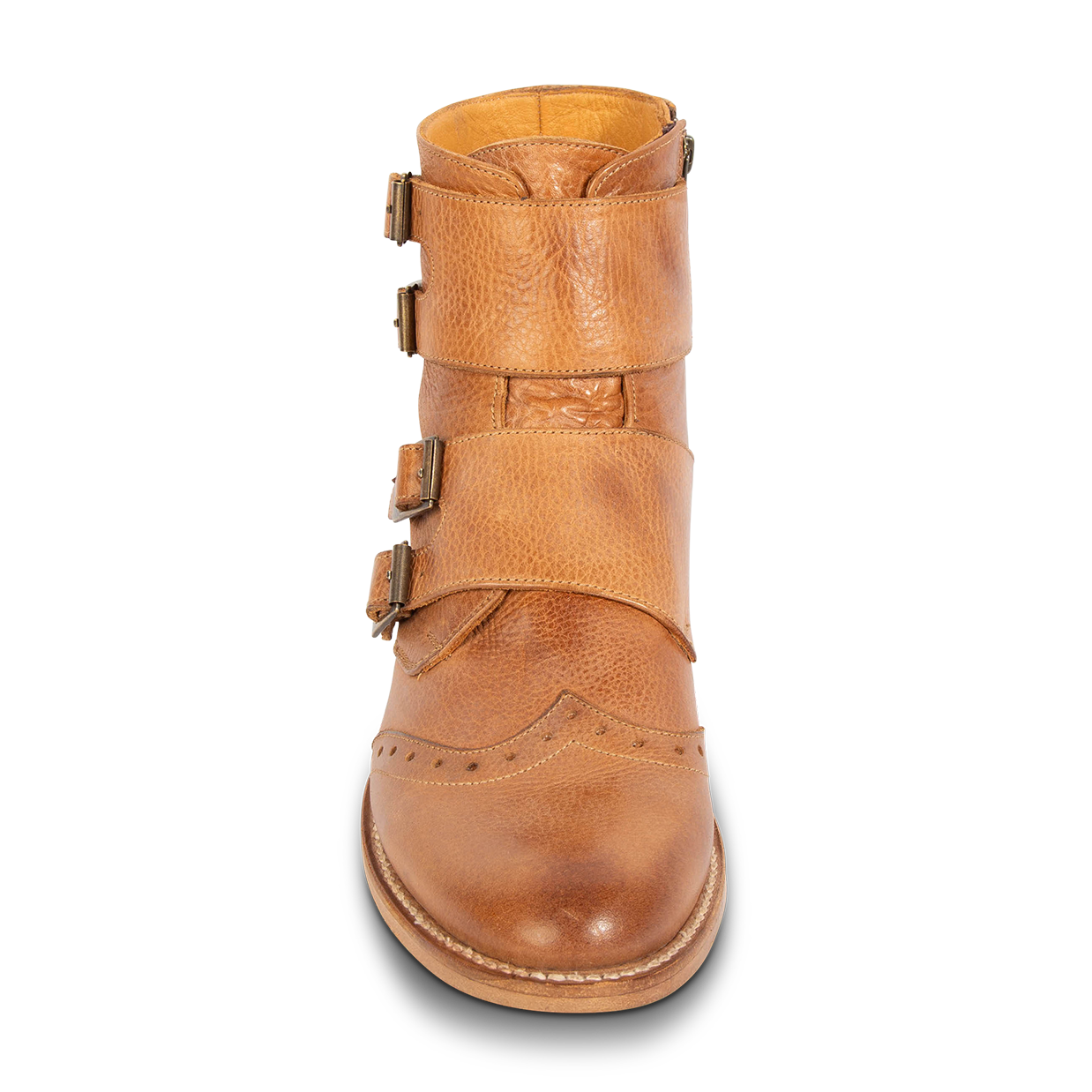 Front view showing FREEBIRD men's Penn tan dress boot with brogue detailing and decorative straps