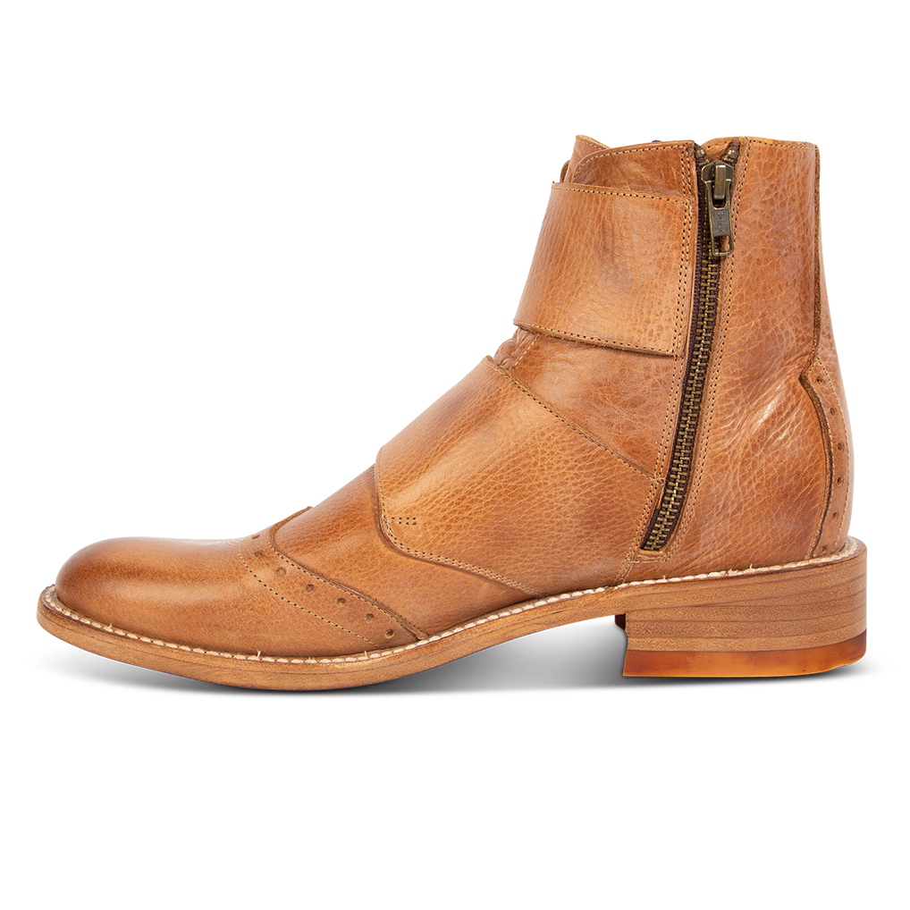Inside view showing FREEBIRD men's Penn tan dress boot with brogue detailing and decorative straps