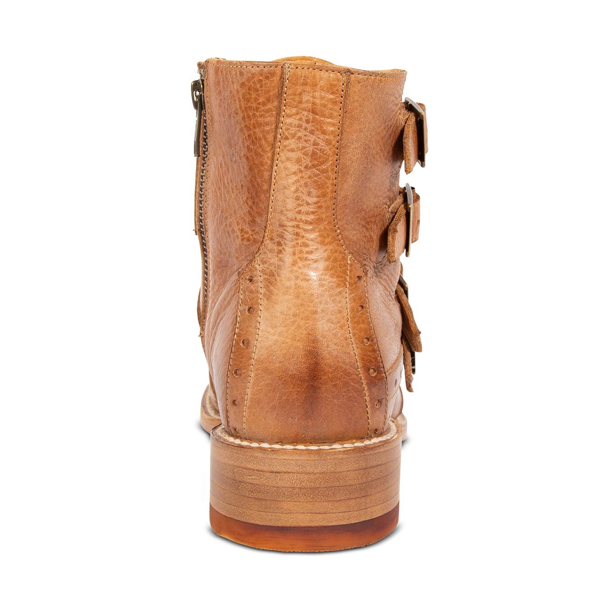 Back view showing FREEBIRD men's Penn tan dress boot with brogue detailing and decorative straps