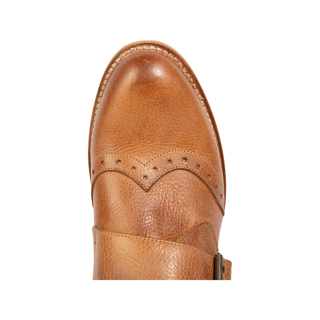 Top view showing round toe and brogue detailing on FREEBIRD men's Penn tan dress boot