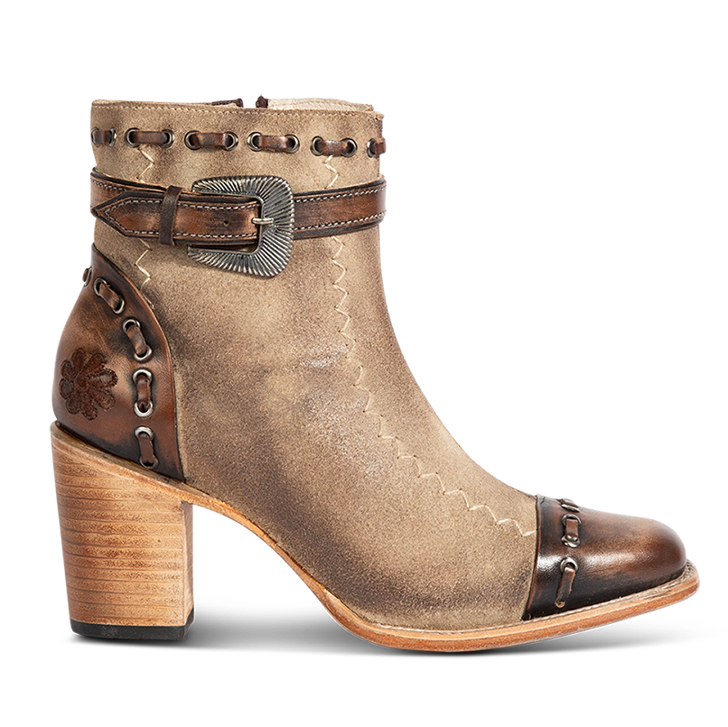 FREEBIRD women's Poppy Beige suede bootie with high heel, inside zip closure, decorative belt, and floral detailing