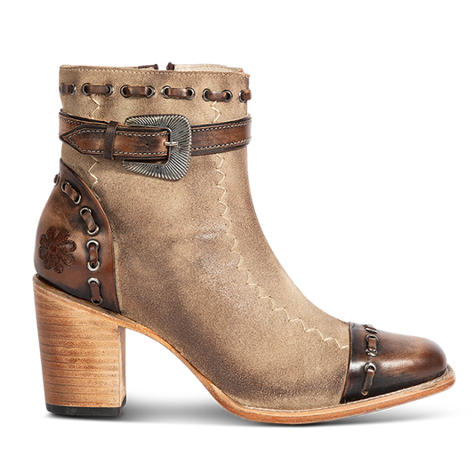 FREEBIRD women's Poppy Beige suede bootie with high heel, inside zip closure, decorative belt, and floral detailing