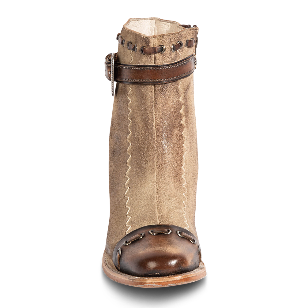 Front view showing solid leather toe cap and contrasting chevron shaft stitch detailing on FREEBIRD women's Poppy beige suede bootie