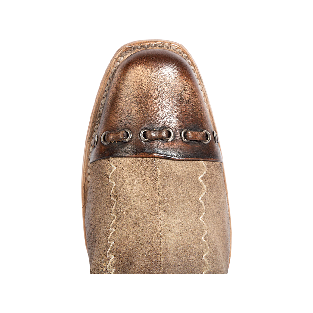 Top view showing leather slim square toe construction on FREEBIRD women's Poppy beige suede bootie