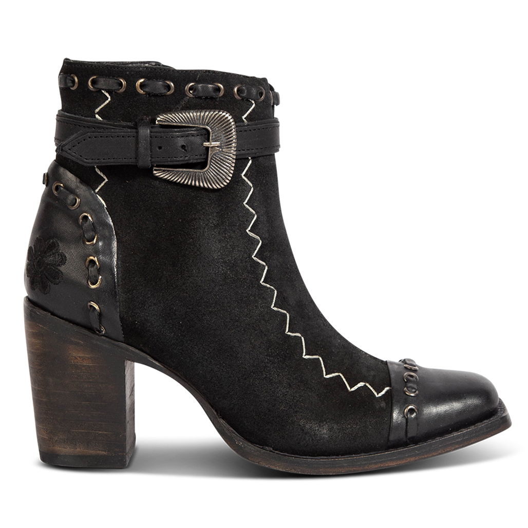 FREEBIRD women's Poppy black suede bootie with high heel, inside zip closure, decorative belt, and floral detailing 