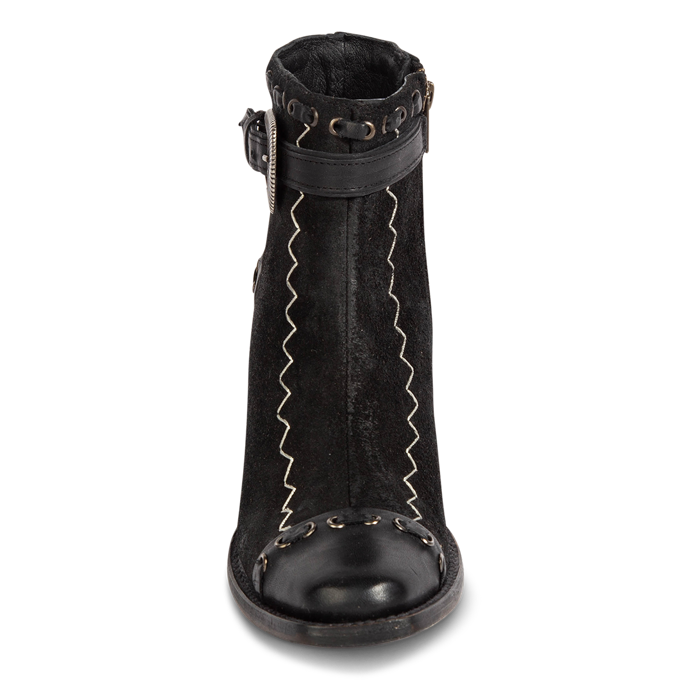 Front view showing solid leather toe cap and contrasting chevron shaft stitch detailing on FREEBIRD women's Poppy black suede bootie