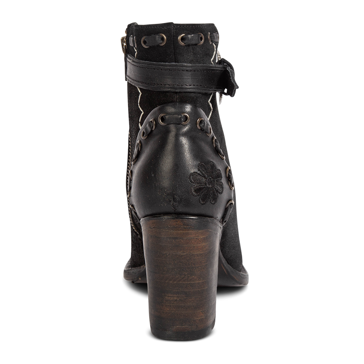 Back view showing leather heel construction and wrapped leather high heel on FREEBIRD women's Poppy black suede bootie