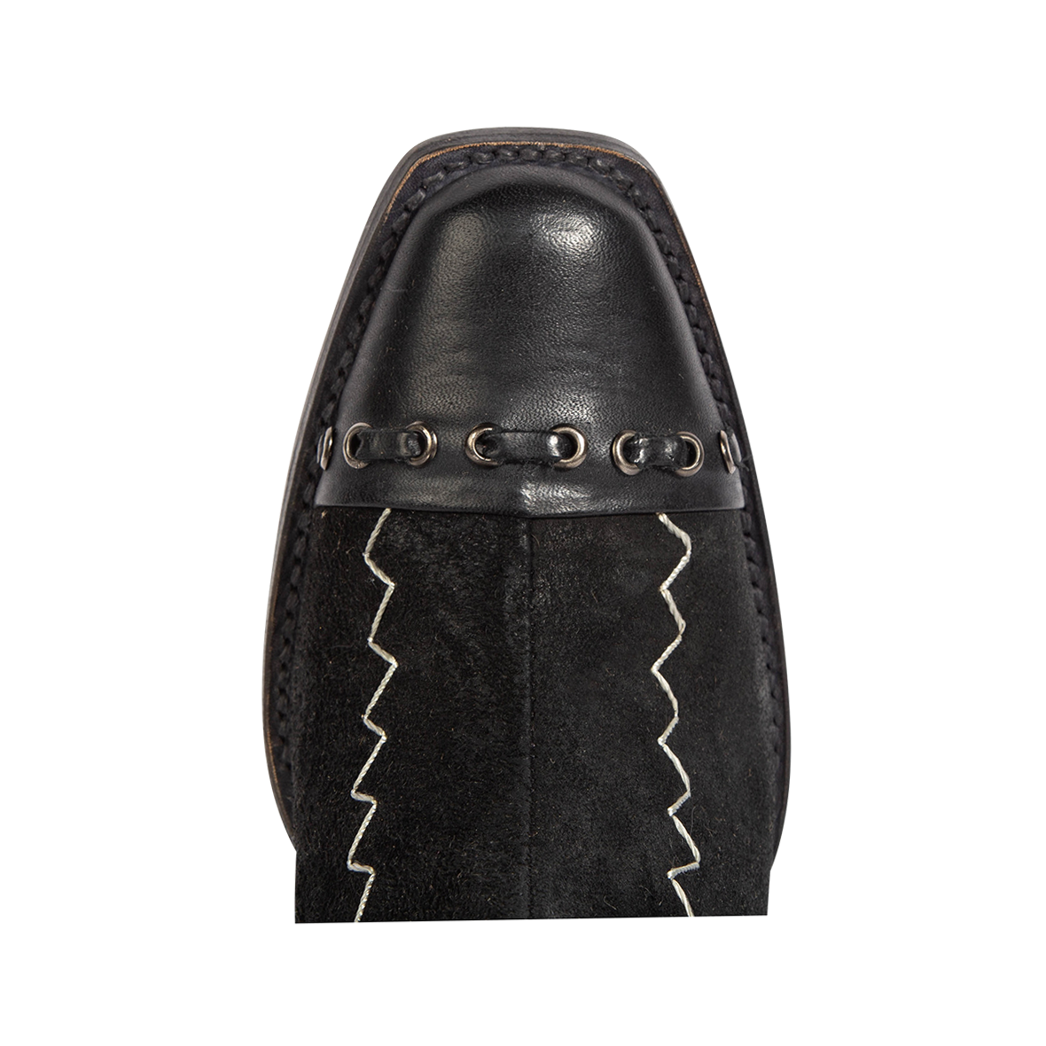 Top view showing leather slim square toe construction on FREEBIRD women's Poppy black suede bootie