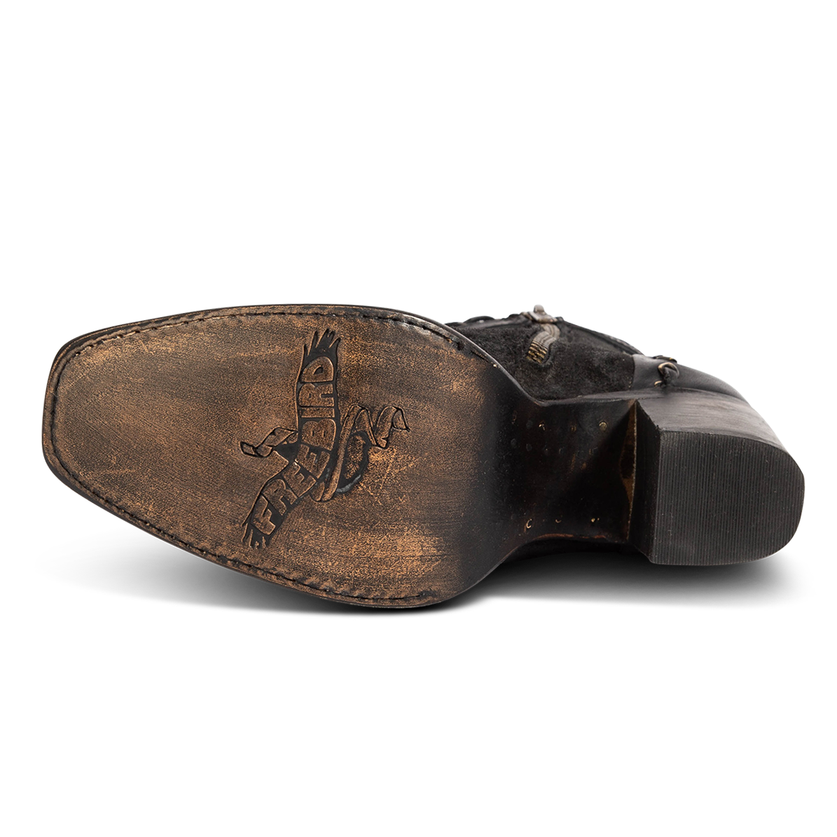 Leather sole imprinted with FREEBIRD on women's Poppy black suede bootie
