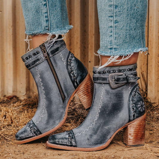 FREEBIRD women's Poppy Blue suede bootie with high heel, inside zip closure, decorative belt, and floral detailing  