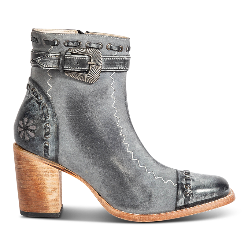 FREEBIRD women's Poppy Blue suede bootie with high heel, inside zip closure, decorative belt, and floral detailing 