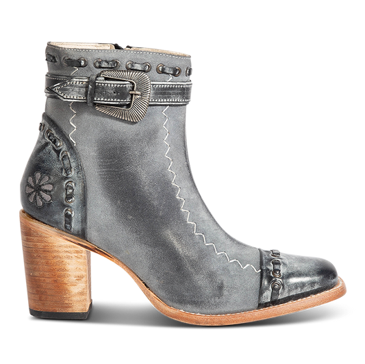FREEBIRD women's Poppy Blue suede bootie with high heel, inside zip closure, decorative belt, and floral detailing 