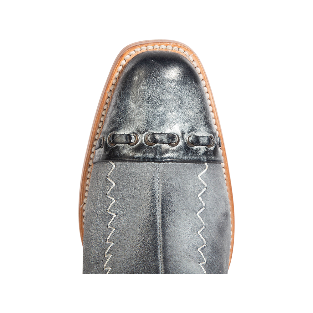 Top view showing leather slim square toe construction on FREEBIRD women's Poppy blue suede bootie