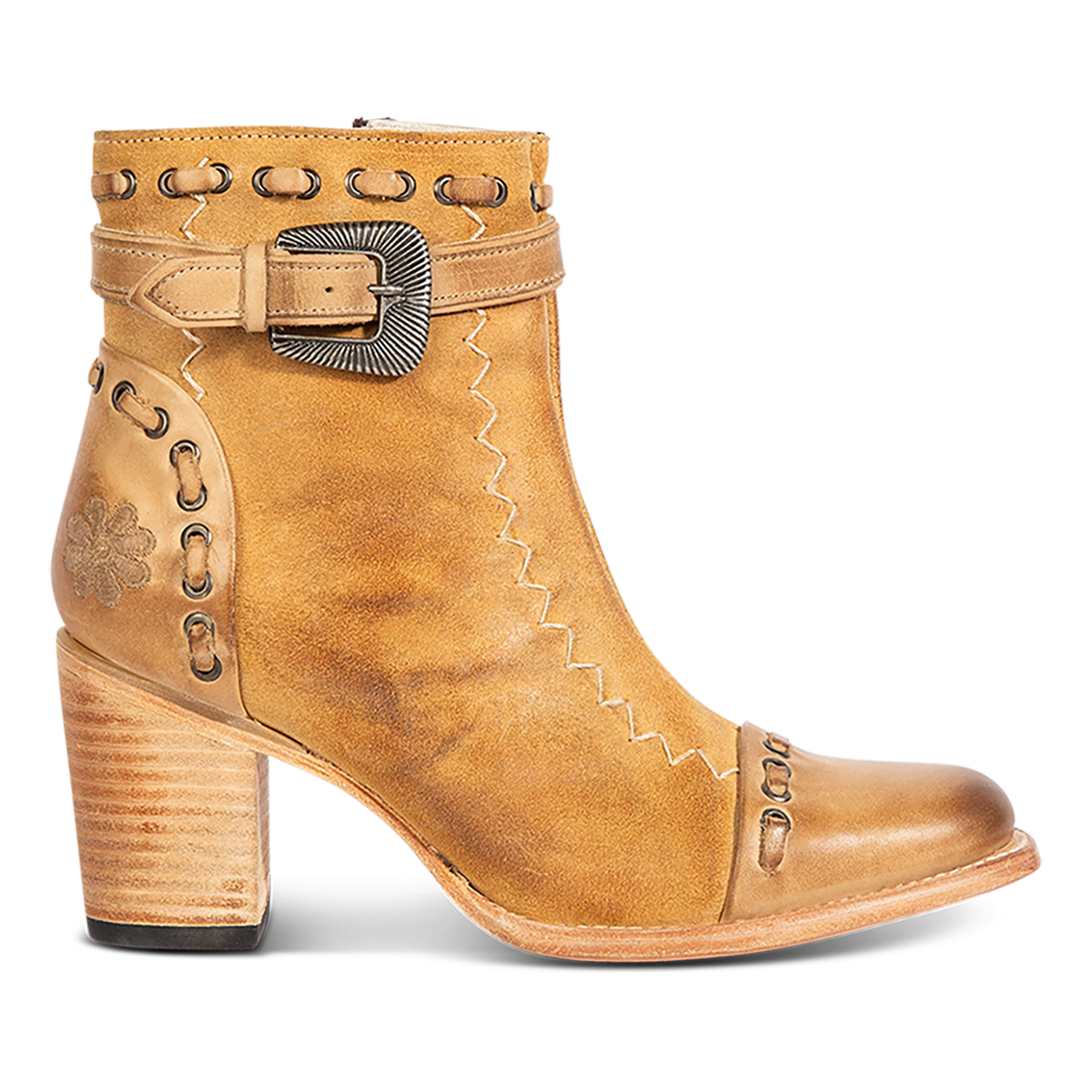 Tan suede POPPY heeled bootie with a stacked block heel, side zip closure, and distressed finish for women.