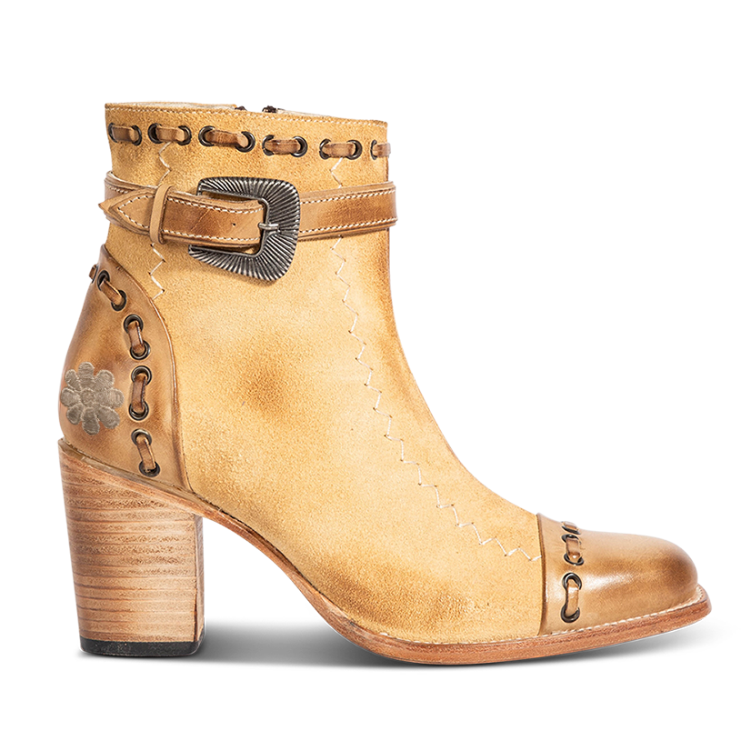 FREEBIRD women's Poppy Tan suede bootie with high heel, inside zip closure, decorative belt, and floral detailing  