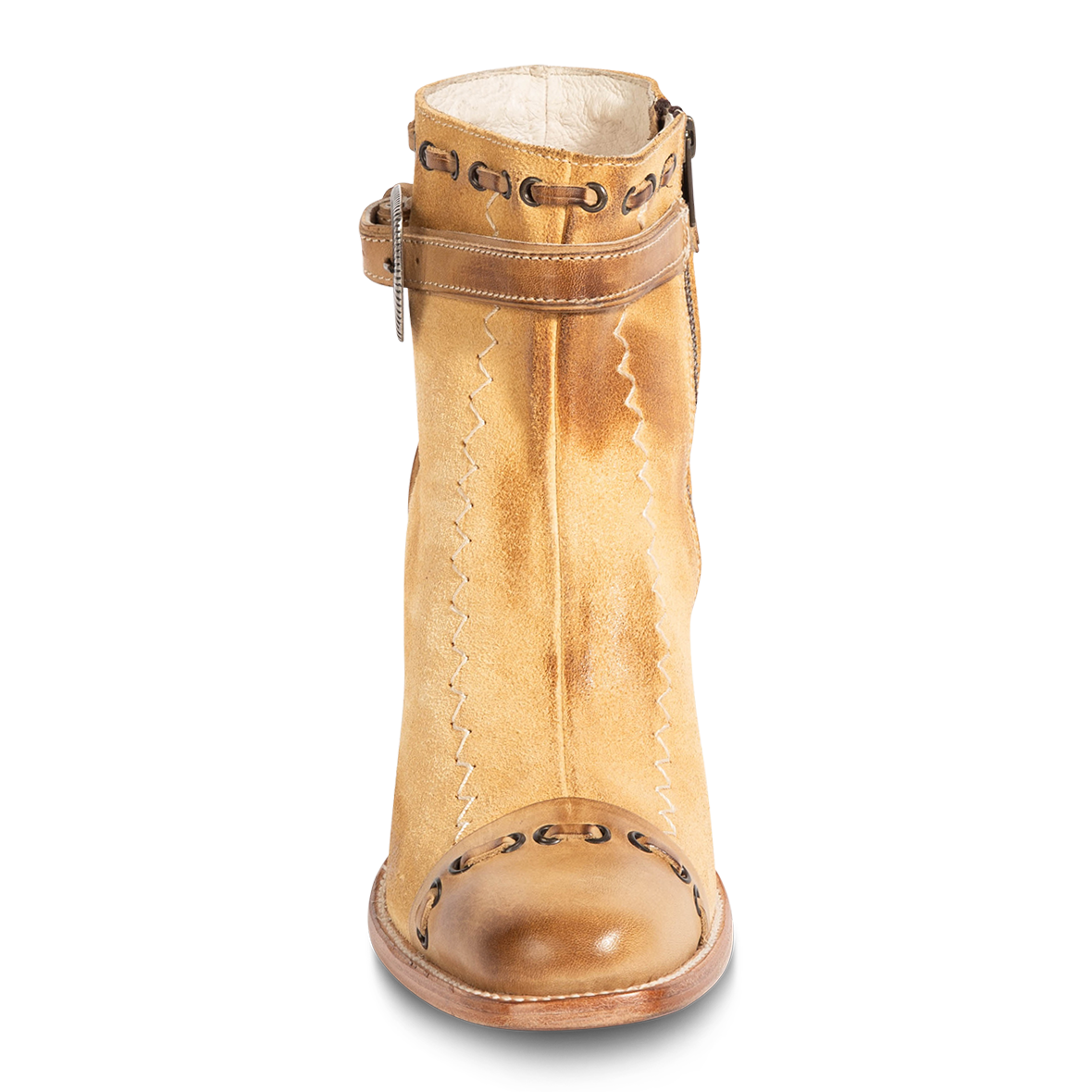 Front view showing solid leather toe cap and contrasting chevron shaft stitch detailing on FREEBIRD women's Poppy tan suede bootie