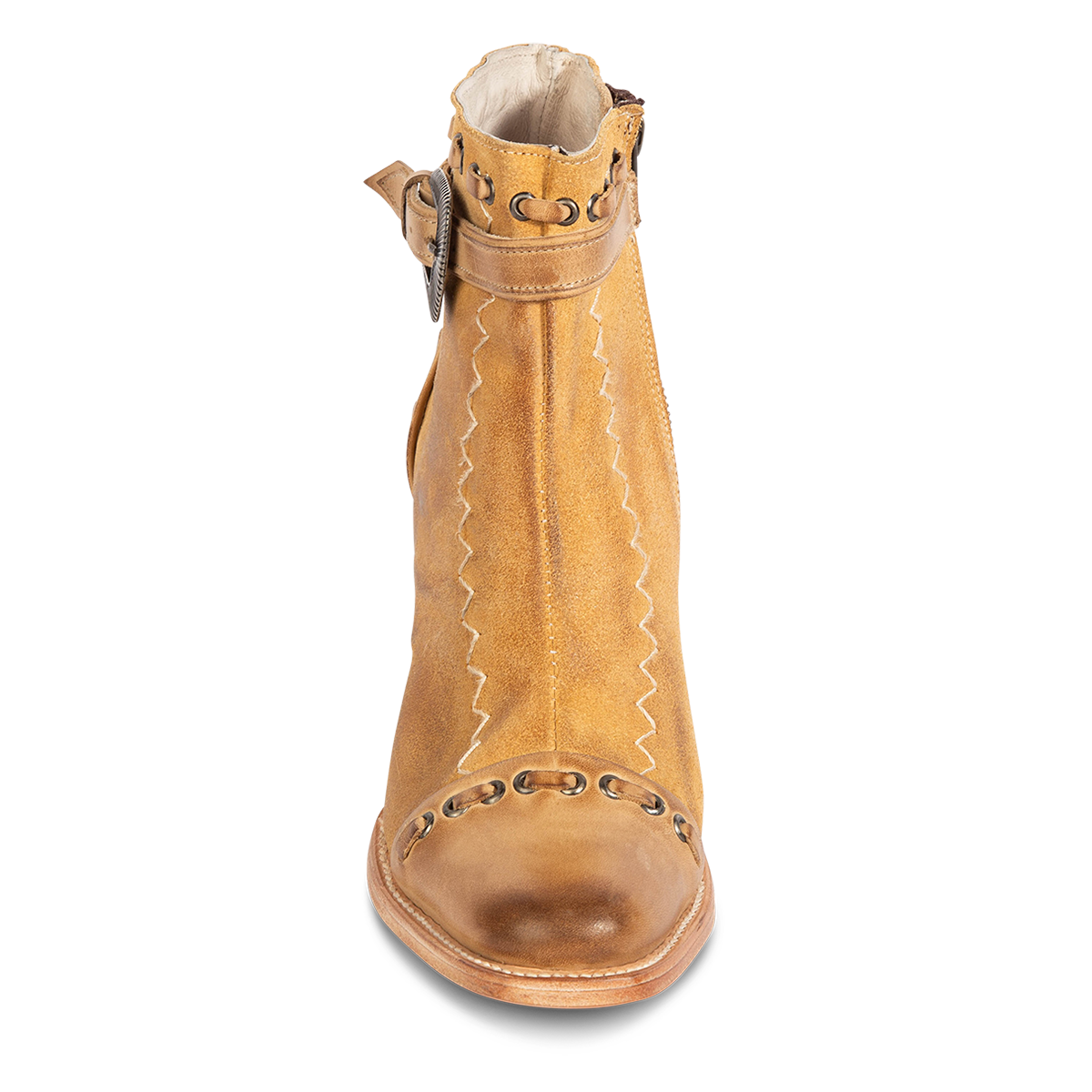 Front view showing Tan suede POPPY heeled bootie with a stacked block heel, side zip closure, and distressed finish for women.