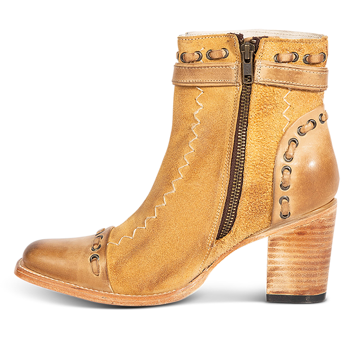 Inside view showing Tan suede POPPY heeled bootie with a stacked block heel, side zip closure, and distressed finish for women.