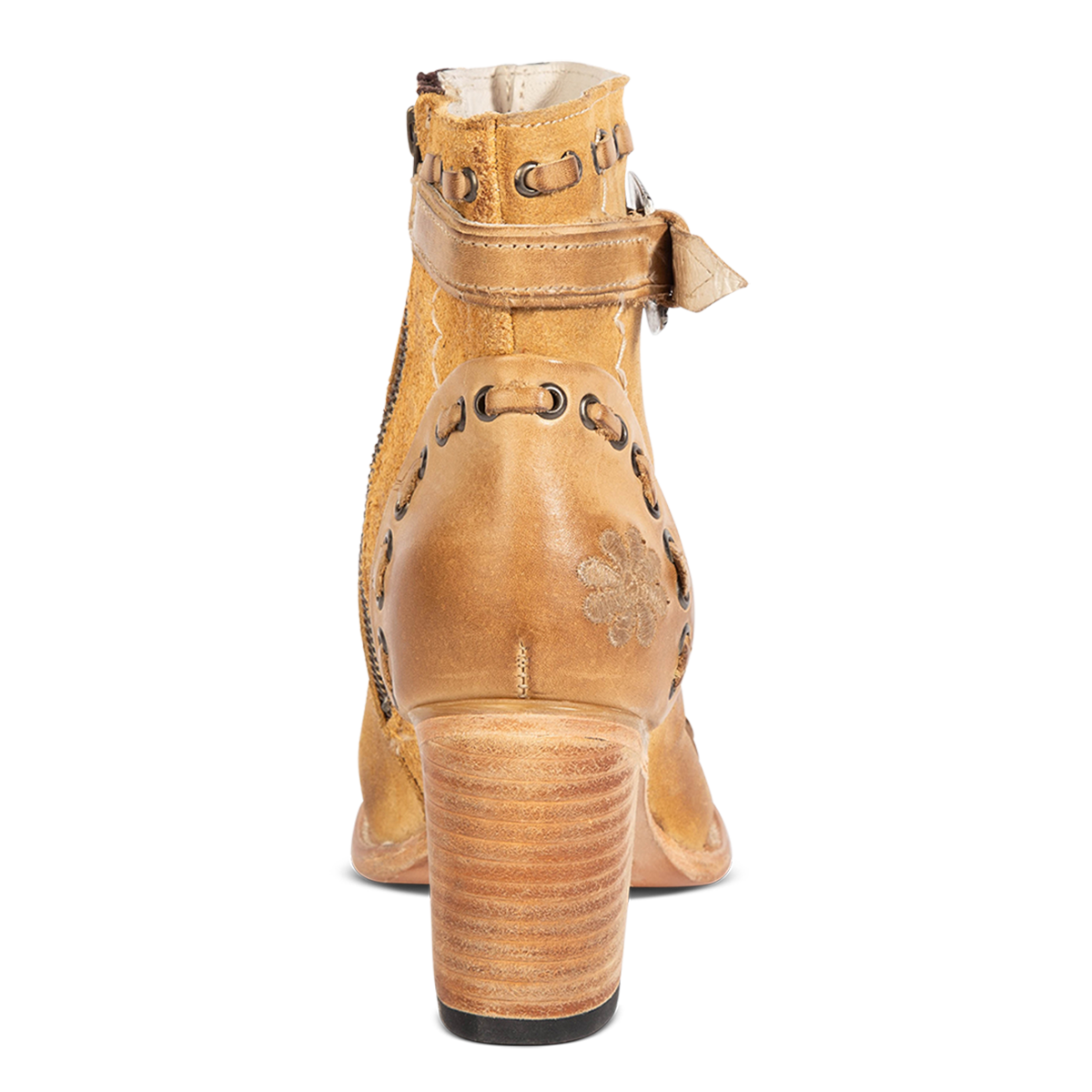 Back view showing Tan suede POPPY heeled bootie with a stacked block heel, side zip closure, and distressed finish for women.