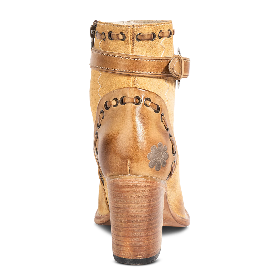 Back view showing leather heel construction and wrapped leather high heel on FREEBIRD women's Poppy tan suede bootie