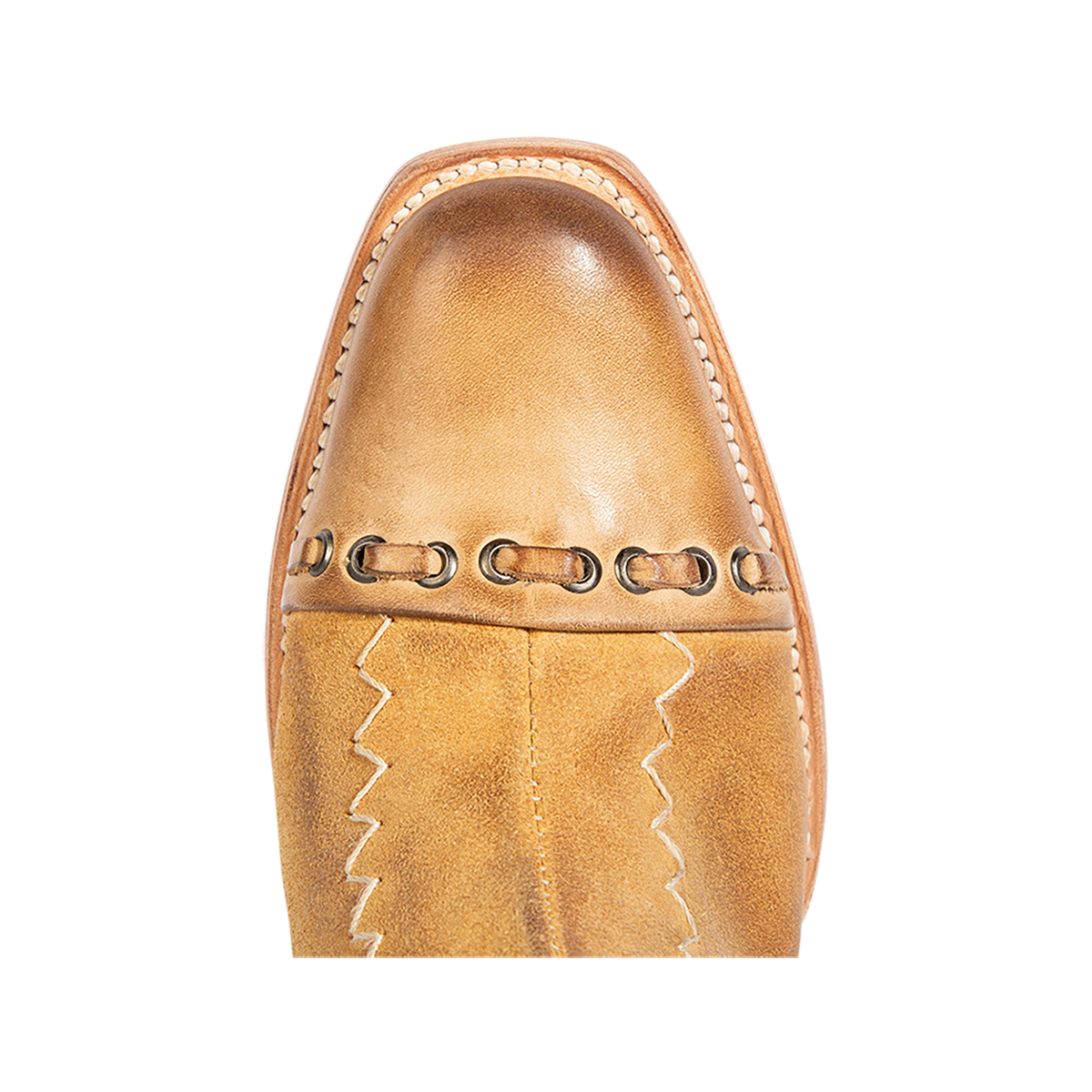 Top view showing Tan suede POPPY heeled bootie with a stacked block heel, side zip closure, and distressed finish for women.