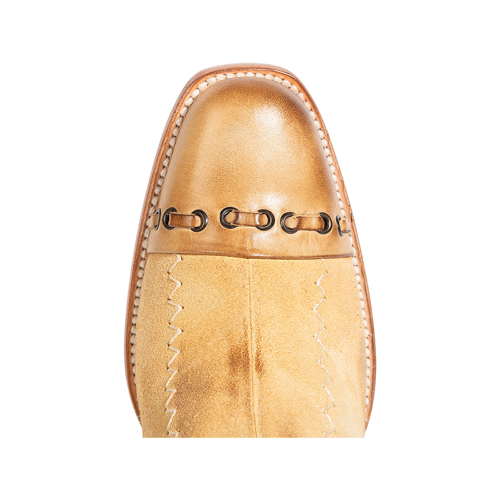 Top view showing leather slim square toe construction on FREEBIRD women's Poppy tan suede bootie