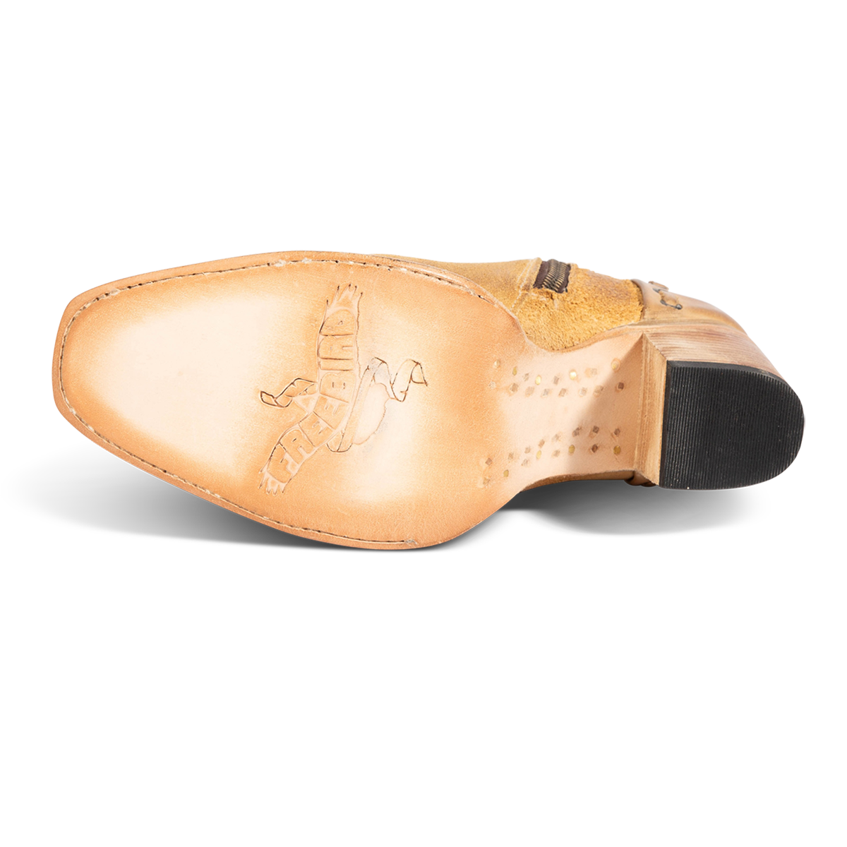 Leather sole imprinted with FREEBIRD on women's Poppy tan suede leather bootie