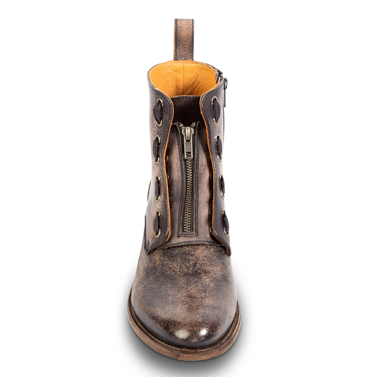 Front view showing front zipper closure, adjustable lacing and leather pull strap on FREEBIRD men's Porter black leather boot 