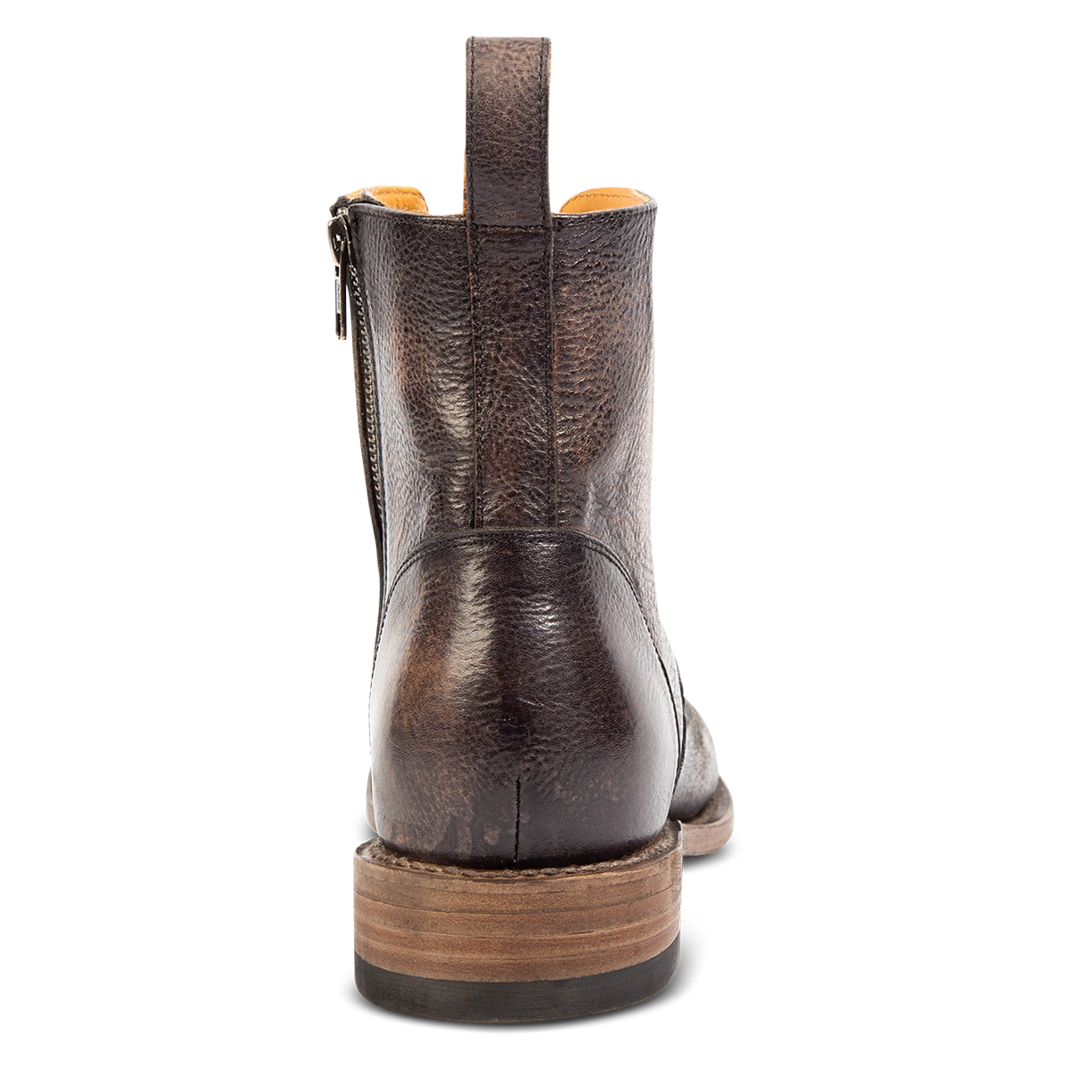Back view showing leather pull strap and low block heel on FREEBIRD men's Porter black leather boot 