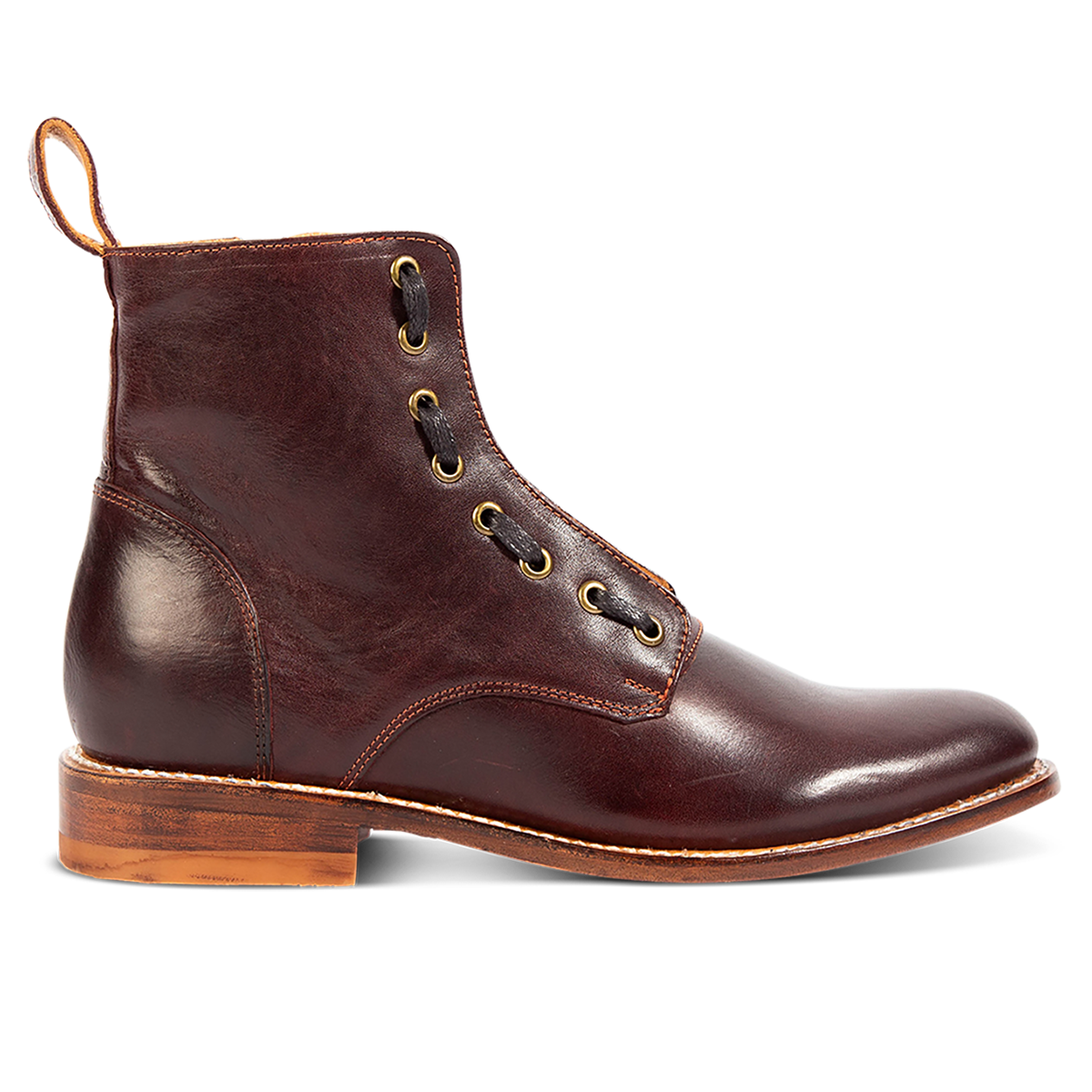 FREEBIRD men's Porter wine leather boot featuring double zip closures, adjustable front lacing and an almond toe