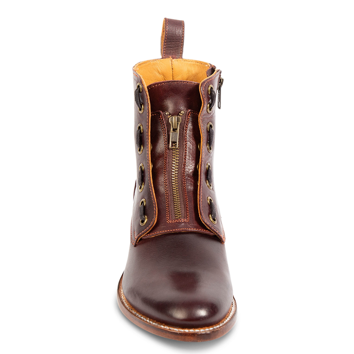Front view showing front zipper closure, adjustable lacing and leather pull strap on FREEBIRD men's Porter wine leather boot