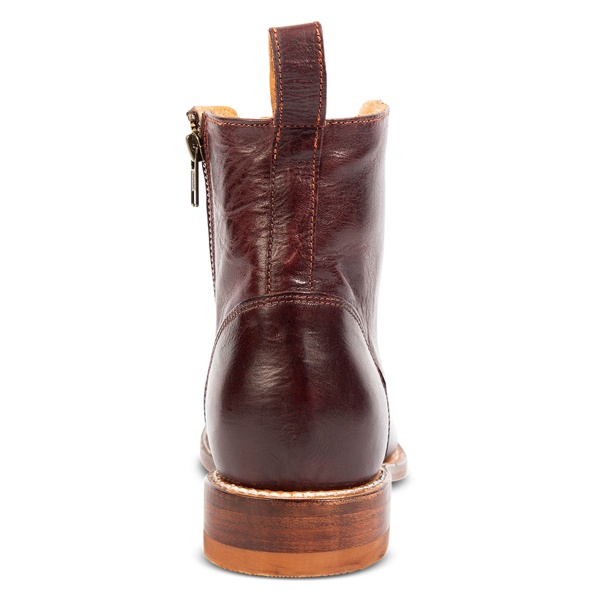 Back view showing leather pull strap and low block heel on FREEBIRD men's Porter wine leather boot