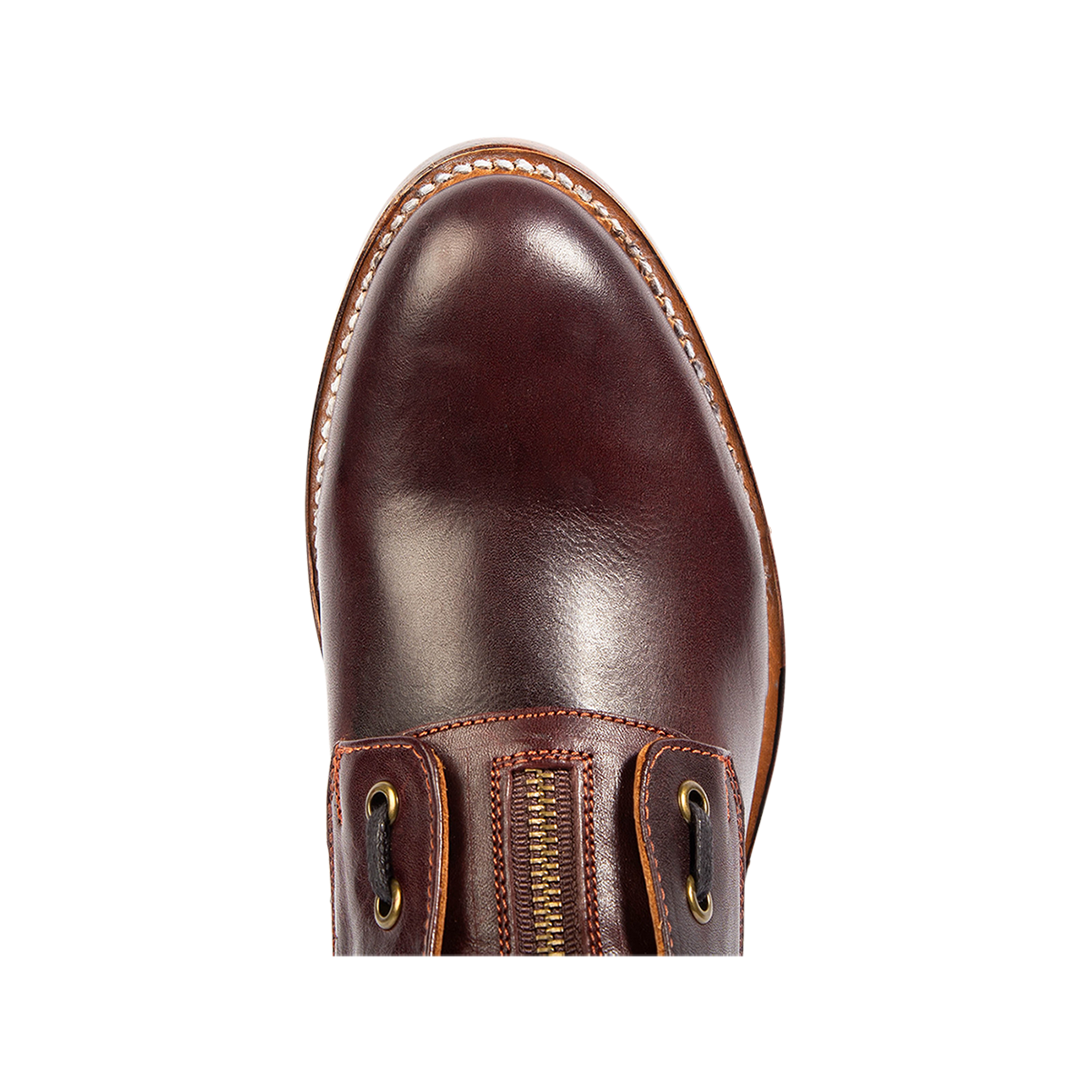 Top view showing an almond toe on FREEBIRD men's Porter wine leather boot