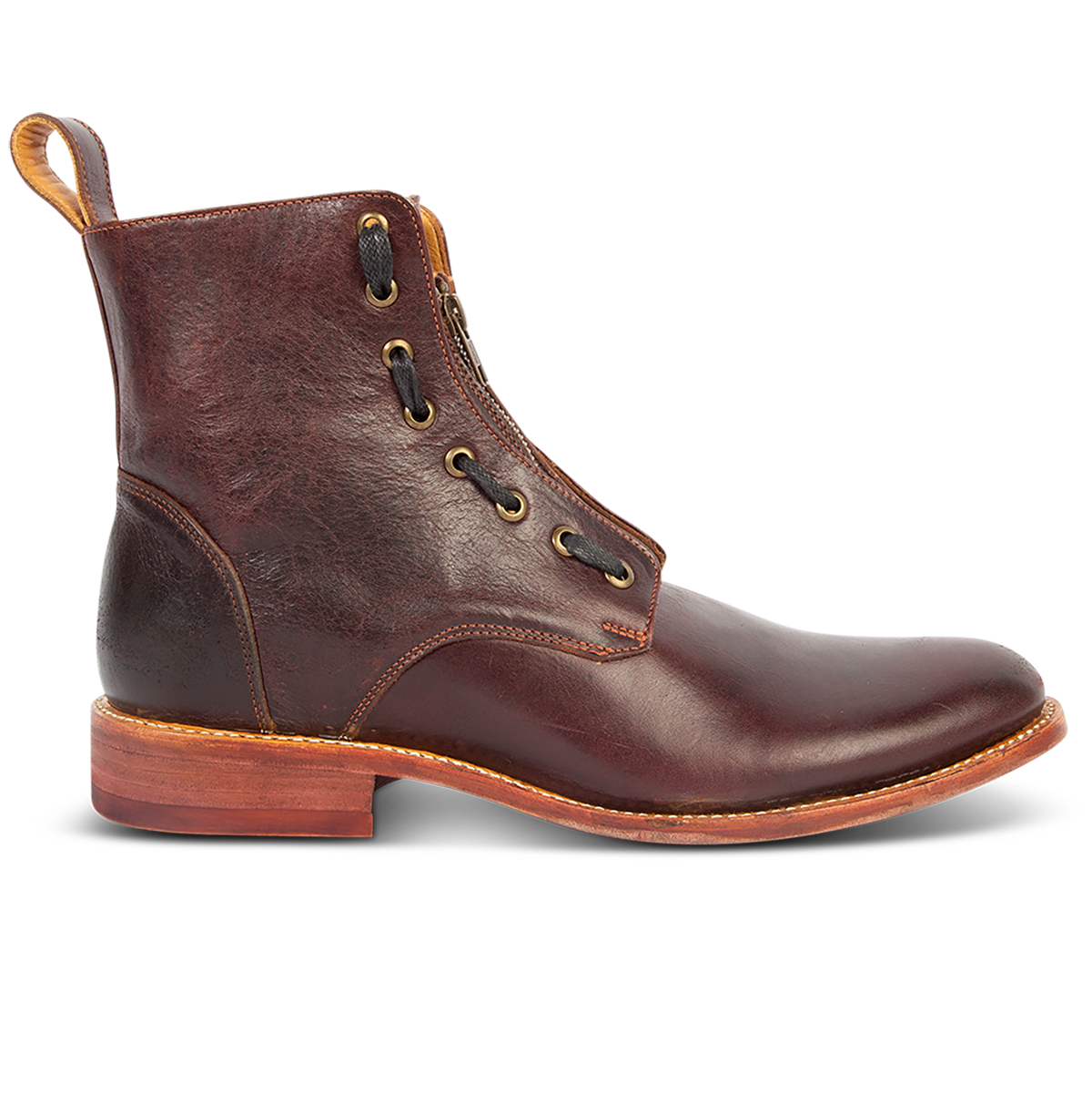 FREEBIRD men's Porter wine leather boot featuring double zip closures, adjustable front lacing and an almond toe
