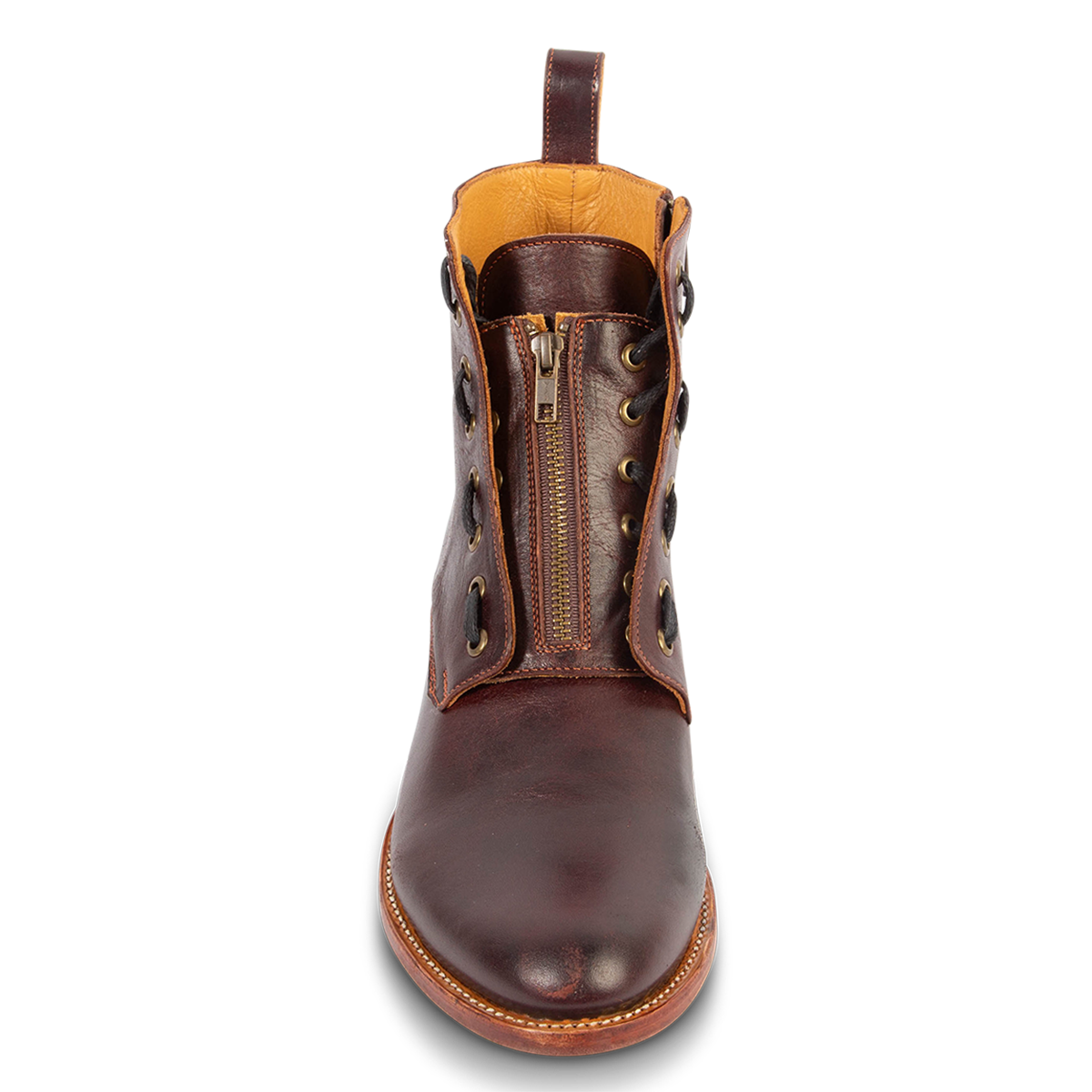 Front view showing front zipper closure, adjustable lacing and leather pull strap on FREEBIRD men's Porter wine leather boot