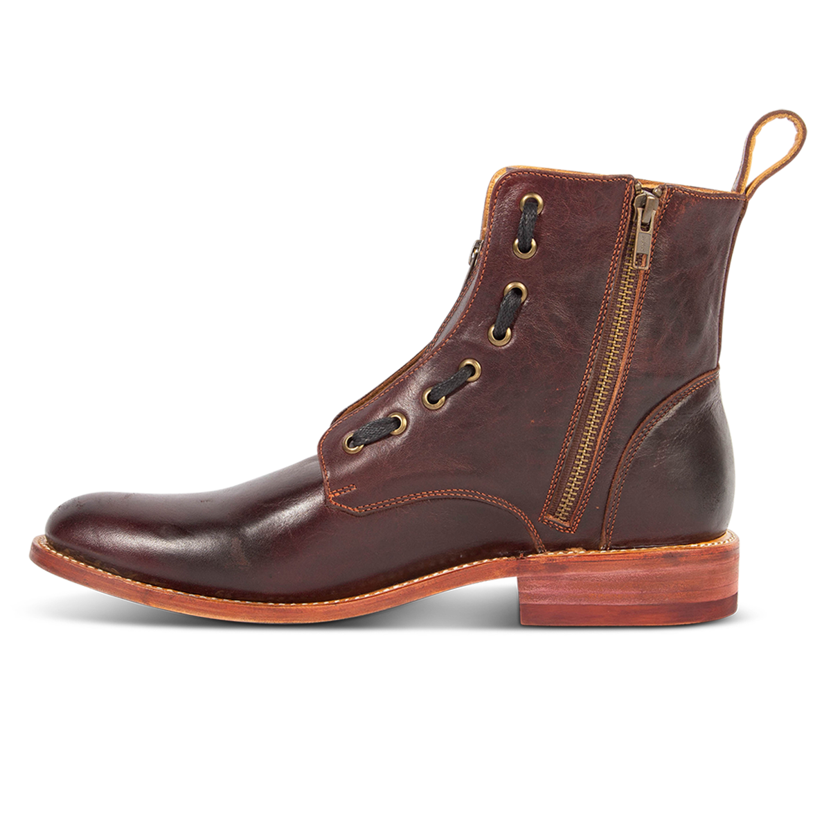 Inside view showing brass zip closure, low block heel and leather pull strap on FREEBIRD men's Porter wine leather boot