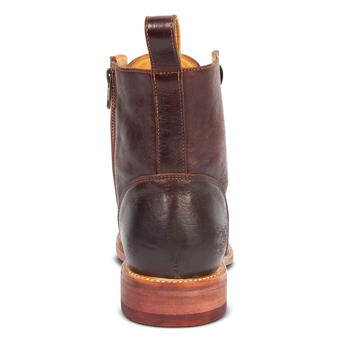 Back view showing leather pull strap and low block heel on FREEBIRD men's Porter wine leather boot