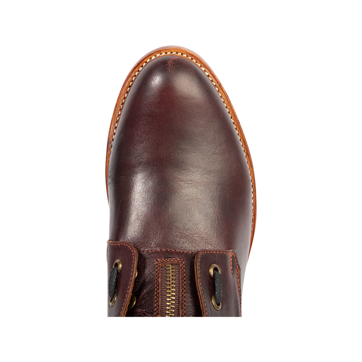 Top view showing an almond toe on FREEBIRD men's Porter wine leather boot