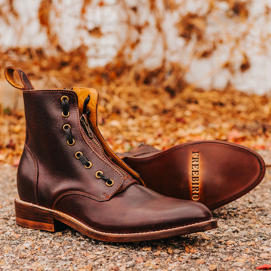 FREEBIRD men's Porter wine  leather boot featuring double zip closures, adjustable front lacing and an almond toe