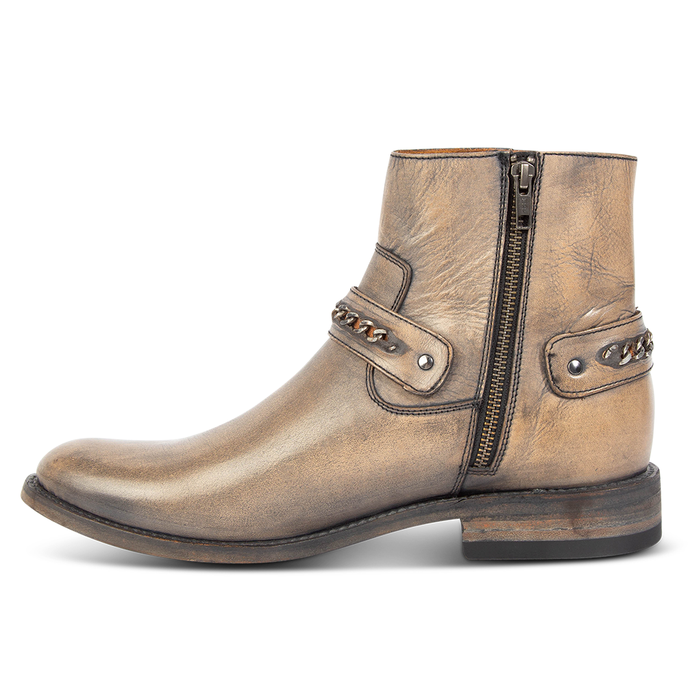 Side view showing an inside working brass zipper, low block heel and chain link decorative detail on FREEBIRD men's Portland black leather boot