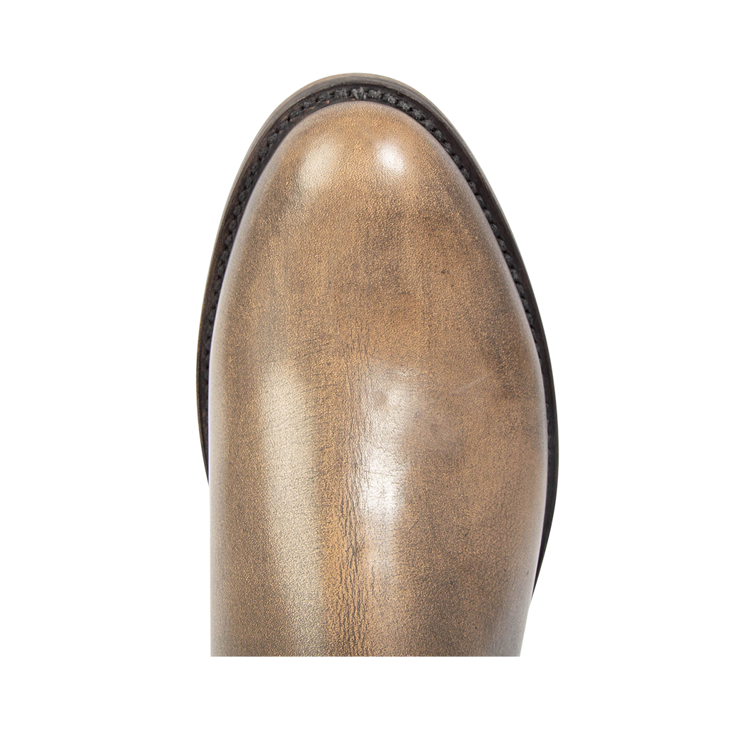 Top view showing an almond toe and a Goodyear welt on FREEBIRD men's Portland black leather boot